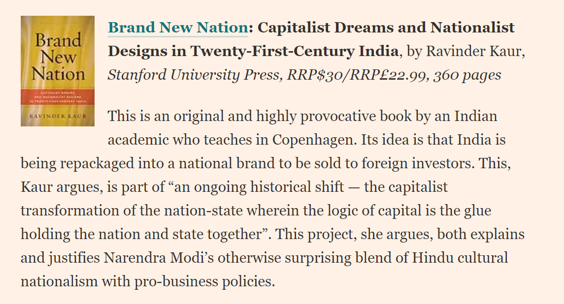 Excerpt from Financial Times article on Best Economics Books mentioning Ravinder Kaur's Brand New Nation